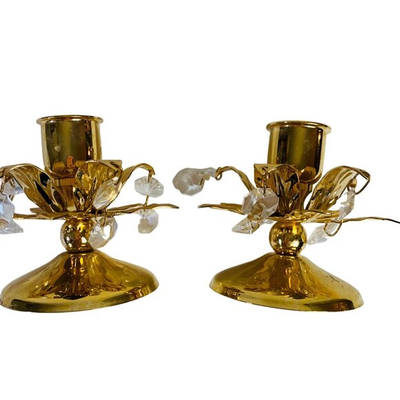 Fancy Hollywood Gold Tone Candlestick Holder Set Chandelier Crystal Dangling Pri - Picture 9 of 11
